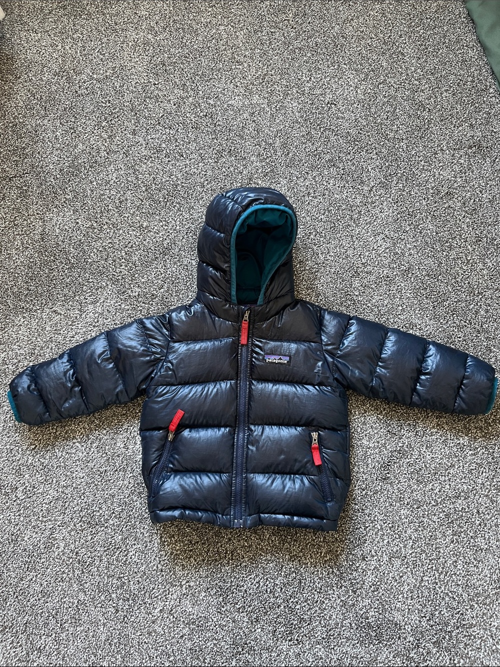 Patagonia Navy Puffer Jacket with Teal Lining and Red Pulls